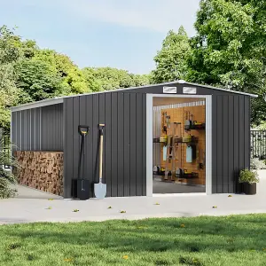 10 x 8 ft Waterproof Outdoor Metal Shed Garden Storage Tool Shed Apex Roof Double Door with Log Storage Store,Black