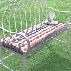 Vintage Cream Iron Arched Back Outdoor Garden Furniture Bench with Red Striped Bench Cushion