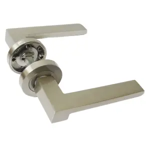 UNO-3 Door Handle Lock Key Set Modern Satin Nickel Lever on Rose Internal Escutcheon