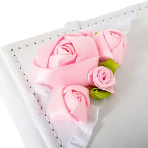 Modern Wedding Day Guest Book with Pink Faux-Silk Roses and Silver Double Rings