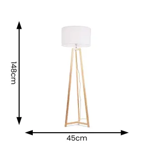 ValueLights Lottie Natural Wood Tripod Floor Lamp with White Drum Shade - LED Bulb Included