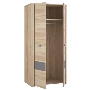 Large 2 Door Oak Wardrobe Full Length Hanging Space With Rail & Shelf