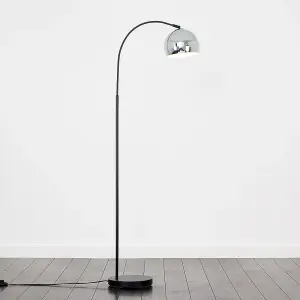 ValueLights Designer Style Black Stem Floor Lamp With Chrome Arco Style Metal Dome Light Shade With LED GLS Bulb in Warm White