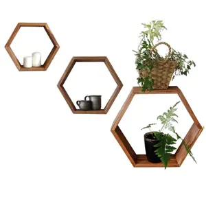 Rustic Hexagon Shelves for Wall Set of 3 Honeycomb Wooden Shelf - Farmhouse Storage Home Decor Floating Shelves - Driftwood Finish