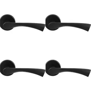 4 PACK - PAIR Matt Black Door Handle Angular Twisted Lever on Round Rose Concealed Fix