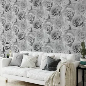 Muriva Bella Grey Flower Wall Rose Bloom 3D Effect Floral Designer Wallpaper