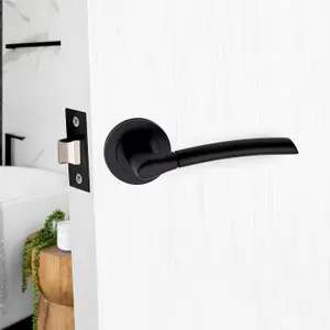 5 Set Indiana Design Door Handle On Round Rose Latch Door Handles with 2.5" Tubular Latch Matt Black Finish - GG