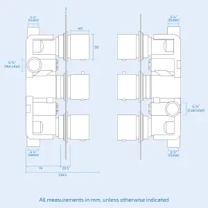 Cameo 3 Dial 2 Way Square Set - Shower Head & Rail Handset