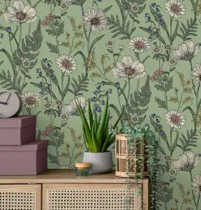 Fine Decor Wild Meadow Sage Wallpaper FD43337