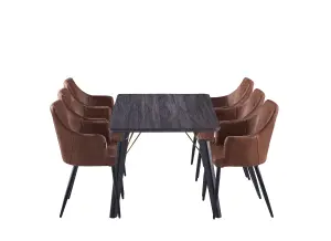 5PCs Zarah Cosmo Dining Table Set w/ a Black Dining Table & 6 Brown Faux Leather Dining Chairs for Dining Room