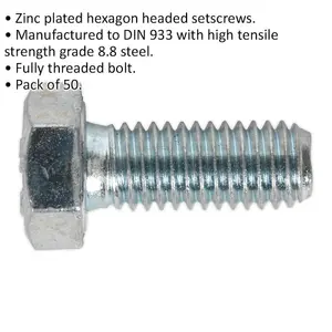 50 Pack M8 x 20mm Zinc Plated Setscrews - Grade 8.8 Fully Threaded DIN 933 Bolts