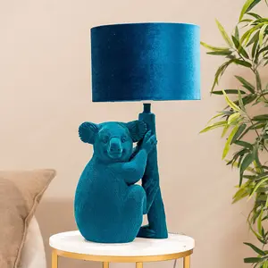 ValueLights Teal Velvet Koala Bedside Table Lamp with a Drum Lampshade Animal Bedroom Light - Bulb Included