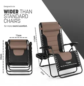 KEPLIN Set of 2 Brown Heavy Duty Textoline Zero Gravity Chairs for Garden Light Reclining Patio Sun Loungers