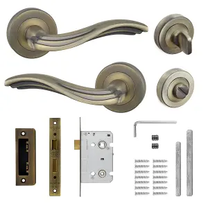 DecorAndDecor - Door Handle Set - Antique Brass Bathroom Door Handle With Lock - Brass Internal Door Lever Handles - Solace Range