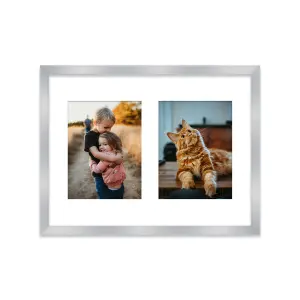 16x12 Inch 2 Opening Photo Collage Frame, Display Two 8x6 Inch Photos, Multi Aperture Family Picture Frame, Silver