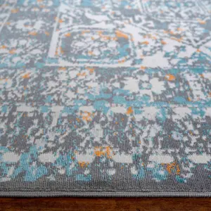 Grey Blue Traditional Medallion Bordered Area Rug 80x150cm