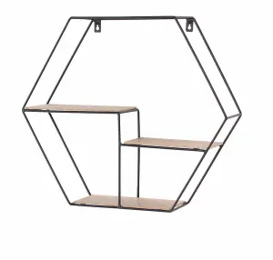 Loft hexagonal display wall shelf - black metal and wood effect