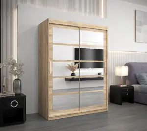 Roma II Oak Sonoma Spacious Sliding Door Wardrobe H2000mm W1500mm D620mm with Mirrored Panels and Silver Handles