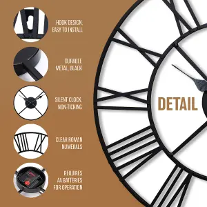 60cm Big Roman Numerals Giant Metal Outdoor Garden Wall Clock Indoor Silent Black Non-Ticking