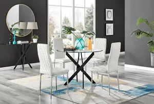 Furniturebox UK Novara Black Leg Round Glass Dining Table & 4 Cream Velvet Milan Chairs