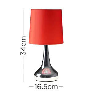 ValueLights Pair Of Modern Silver Chrome Teardrop Touch Bed Side Table Lamps With Red Fabric Shades