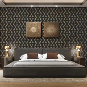 Debona Fabric Touch Black Gold Trellis Wallpaper Modern Luxury Textured Vinyl