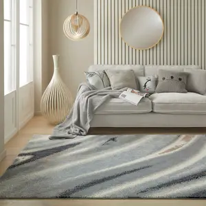 Ivory Grey Blue Abstract Polyester Modern Bedroom, LivingRoom Rug - 120cm X 170cm