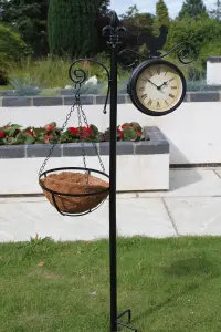 Cockeral Design Garden Clock and Thermometer With Hanging Basket and Stand for Outdoor or Indoor Use.