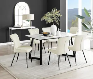 Furniturebox UK Carson White Marble Effect Dining Table & 6 Cream Nora Black Leg Chairs