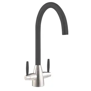 Liquida LB01GM Swan Neck Twin Lever Brushed Steel & Gun Metal Kitchen Mixer Tap