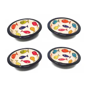 Signature Coloured Fish Hand Painted Ceramic Set of 4 Tapas Bowls Blue Rim (Diam) 12cm