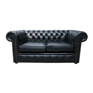 Chesterfield 2 Seater Old English Black Leather Sofa Settee Bespoke In Classic Style