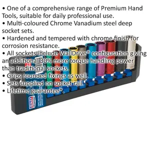 10 Pack Multi-Colored Deep Socket Set - 3/8" Metric Square Drive with Lifetime Guarantee