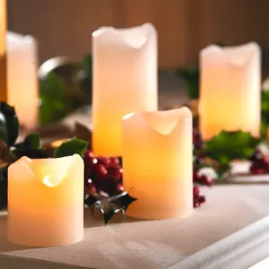 4 x Ivory Cream Real Wax LED Pillar Candles - Battery Powered Flickering Light Home Decoration - One of Each 5, 7.5, 10 & 13cm