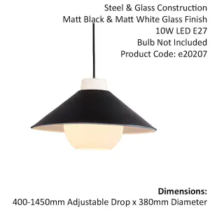 Matt Black & White Monochrome Angled Ceiling Pendant Light - Glass Inner Shade