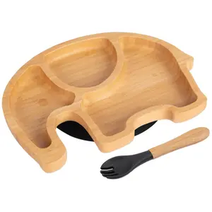 Bamboo Elephant Baby Weaning Plate & Fork Set - Black