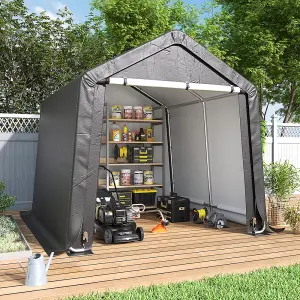 8x8FT Galvanized Tube Storage Shed Dark Grey with Roll-up Door