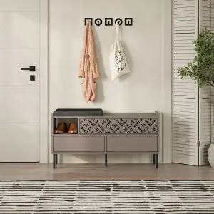 Decortie Heaton Shoe Bench Mocha Grey w/ Fabric Cushion Seat 3-door Storage Cabinet 111(W)x37(D)x56.5(H)cm Metal Legs Hallway