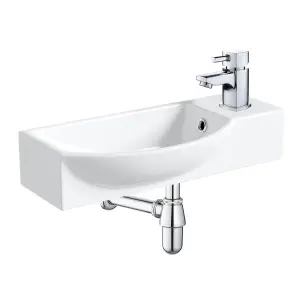 460mm Curved Wall Hung 1 Tap Hole Basin Chrome Hero Tap & Bottle Trap Waste