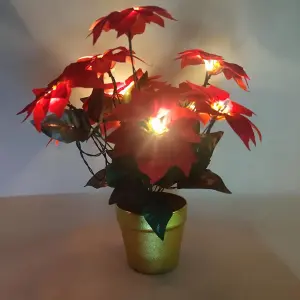 Artificial LED Red Poinsettia Plant in Gold Pot - Faux Realistic Floral Home Christmas Decoration with 10 Lights - H35 x 28cm