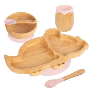 5pc Bamboo Dinosaur Baby Weaning Set - Pastel Pink