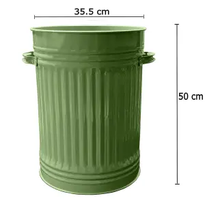 Sage Green Metal Bin Retro Galvanised Dustbin Vintage Style Steel Bin - 45L