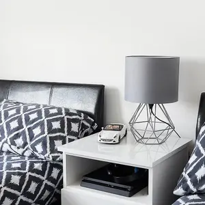 ValueLights Angus Modern Geometric Grey Metal Cage Bedside Table Lamp with Grey Fabric Shade