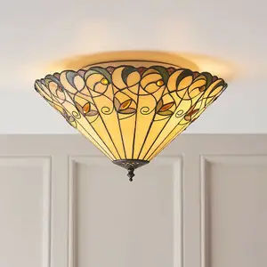 Tiffany Glass Semi Flush Ceiling Light Amber Floral Inverted Round Shade i00050