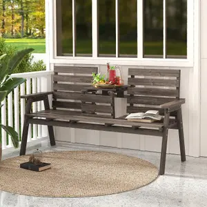 Costway Garden Wood Bench w/ Foldable Middle Table Outdoor 2-3 Person Slatted Seat Bench