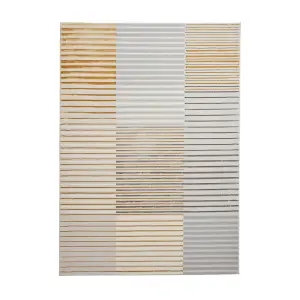 Grey Gold Striped Modern Easy To Clean Dining Room Rug-120cm X 170cm