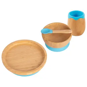 Tiny Dining - Round Bamboo Suction Baby Feeding Set - Blue - 4pc