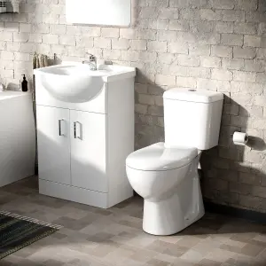 Nes Home Memphis  3-Piece Bathroom Suite White - Close Coupled Toilet, 550mm Basin Vanity Unit and Round Bath Tub