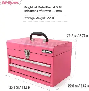 Hi-Spec Pink Steel Metal Chest & Drawers Tool Organiser Box / Carry Case: High-Gloss Finish Portable Storage for Everyday Use