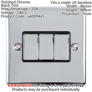 5 PACK 3 Gang Triple Metal Light Switch POLISHED CHROME 2 Way 10A Black Trim